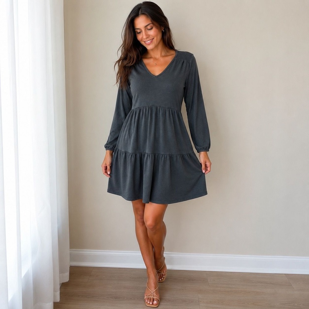 Ivy Dark Gray Tiered V-Neck Long Sleeve Babydoll Boho Swing Dress